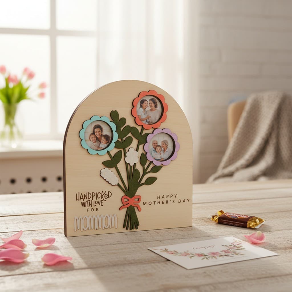 Buquê De Flores Com Sinal Fotográfico De Madeira-Decoração De Casa Para Presente De Dia Das Mães