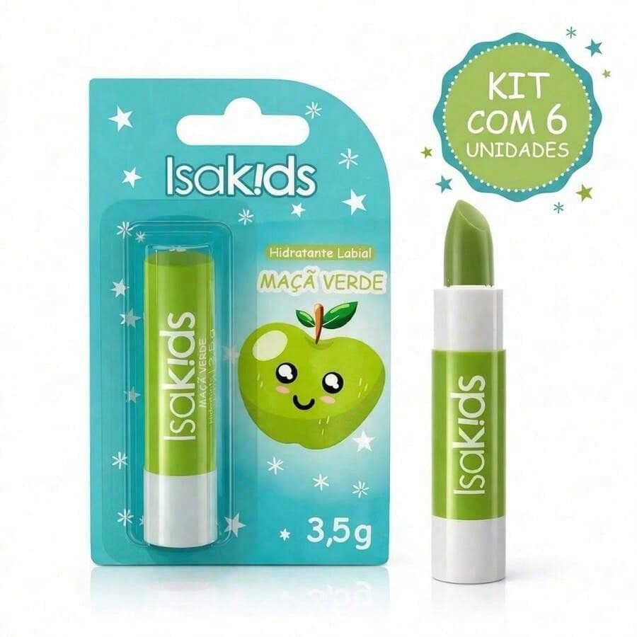 Kit com 6 Hidratantes Labial Maçã Verde Isakids 3,5g Cor Suave e Hidratação