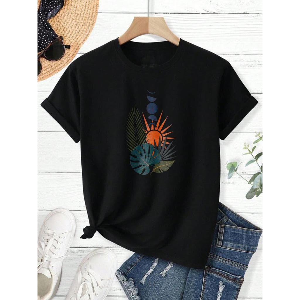 Camiseta Masculina 100% Algodão Estampa Fases da Lua e Folhas Streetwear