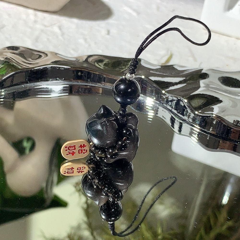Amuletos De Bolsa ADAMES , Corda De Tecelagem De Gato Obsidiana Prateada , Pingente De Trança Da Sorte , Chaveiro De Car