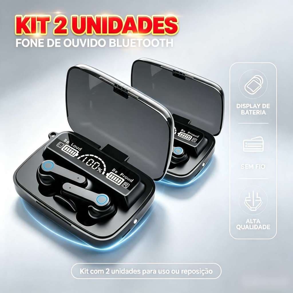 Kit 2 Fone De Ouvido Bluetooth sem fio M19 M10 TWS HD Sound Touch Control Com Case LED