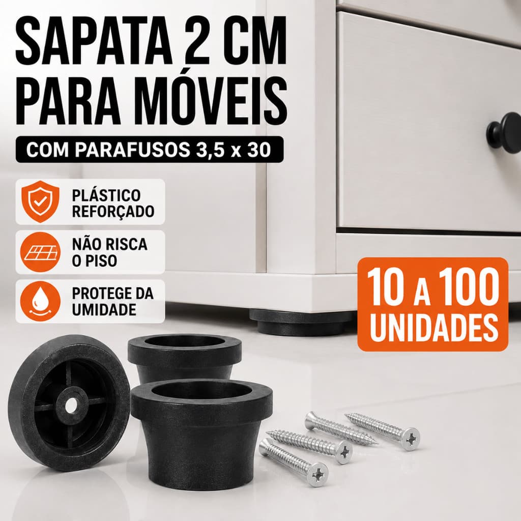 Pé para Móveis Preto 2 cm Reforçado com Parafuso 10 a 100 Unidades