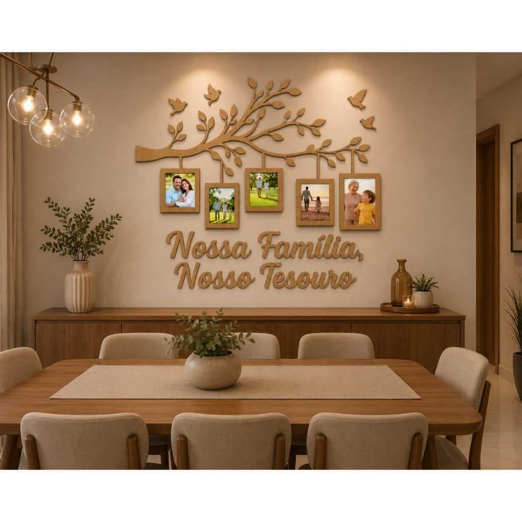 Quadro Decorativo Nosso Tesouro Família com Molduras Árvore Porta-Retratos de Parede em MDF para Sala