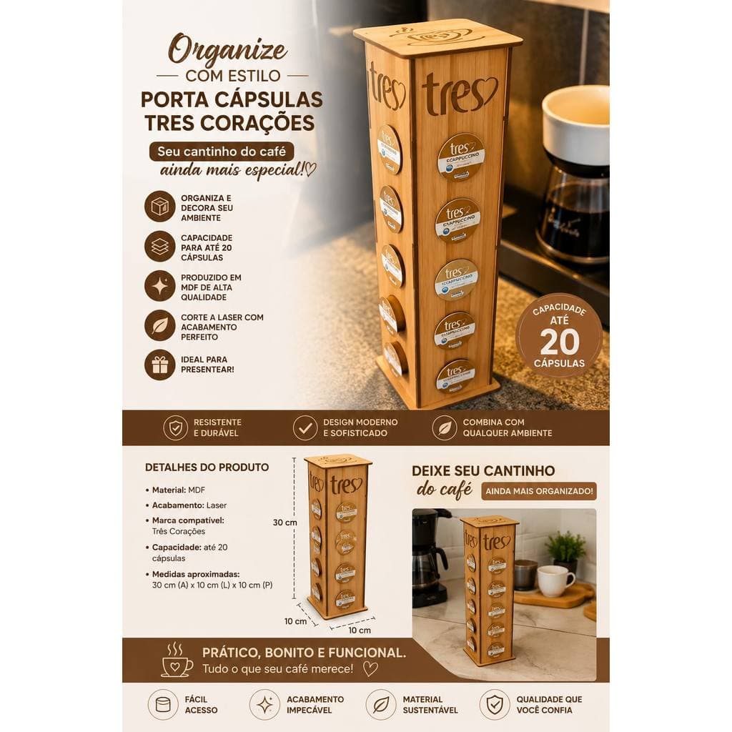 Organizador Torre Para 20 Cápsulas Três Corações Suporte Em MDF Cantinho Do Café Escritório Pousada