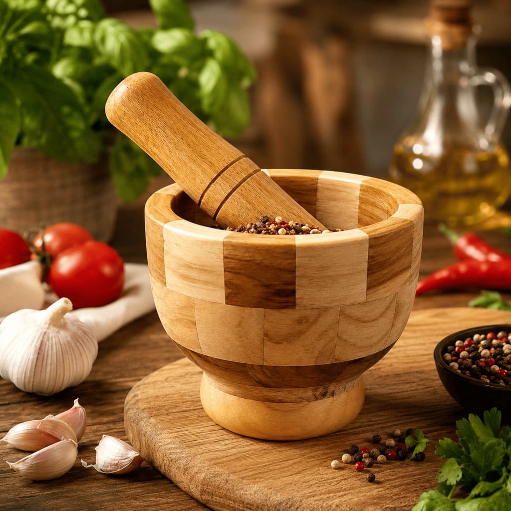 Pilão Madeira Maciça Socador Anatômico Amassador Alho Temperos Ervas Chás Cozinha 2 Peças