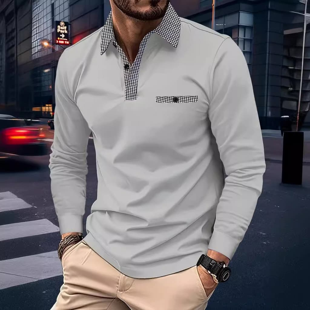 Camisa POLO esportiva Casual de manga comprida masculina fina cor sólida manga comprida