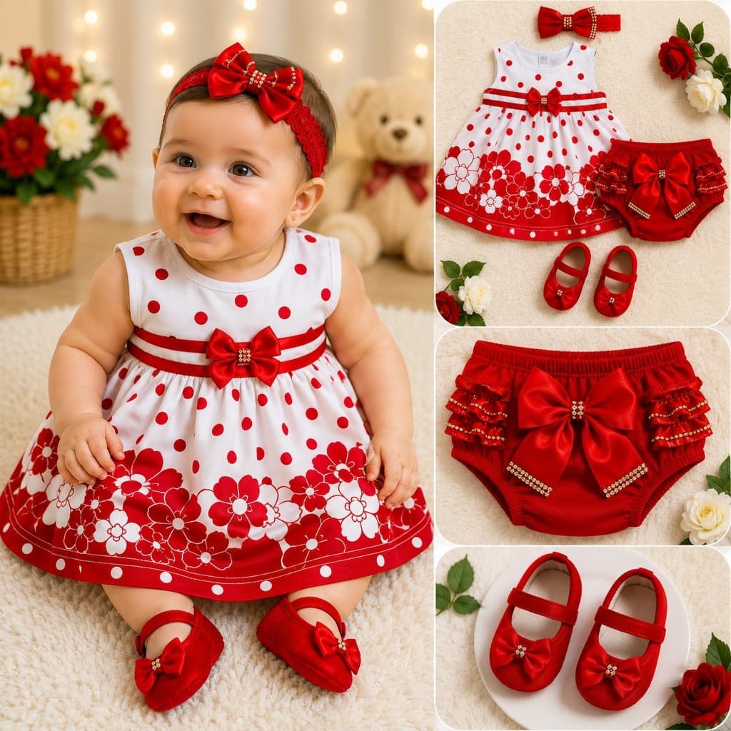 Vestido 4 Peças Bebe Calcinha Bunda Rica Luxo Tiara Infantil Menina Recem Nascido Festa Aniversario