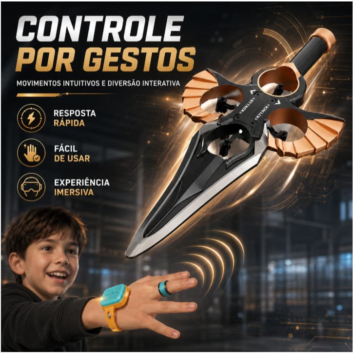 Espada Voadora Drone 2 em 1 Infantil com Controle Remoto, Luzes LED, Bateria Recarregável e Controle por Gestos