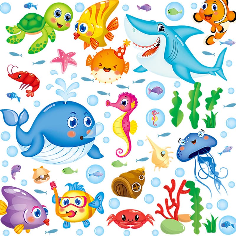 Verão oceano peixe Waterweed adesivos de parede dos desenhos animados quarto das crianças banheiro adesivos à prova dwat