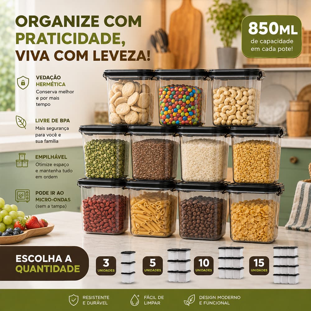 Kit Marmita Fitness Potes Plásticos 850ML P/ Microondas e Geladeiras Dietas Pote Hermético