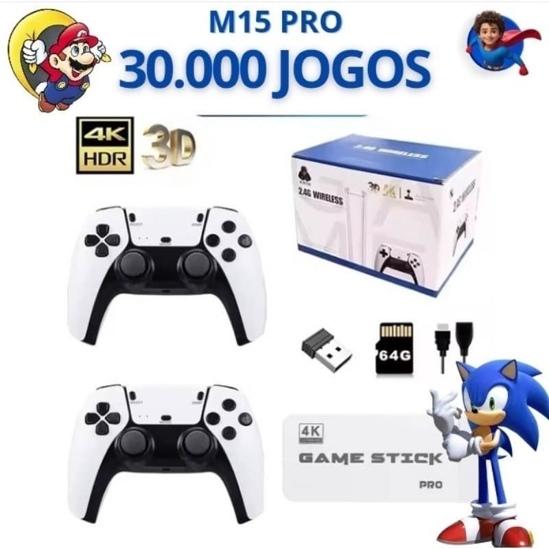 OFERTA Video Game Stick M15 PRO 64GB 4k 2 Controles sem fio 30.000 jogos