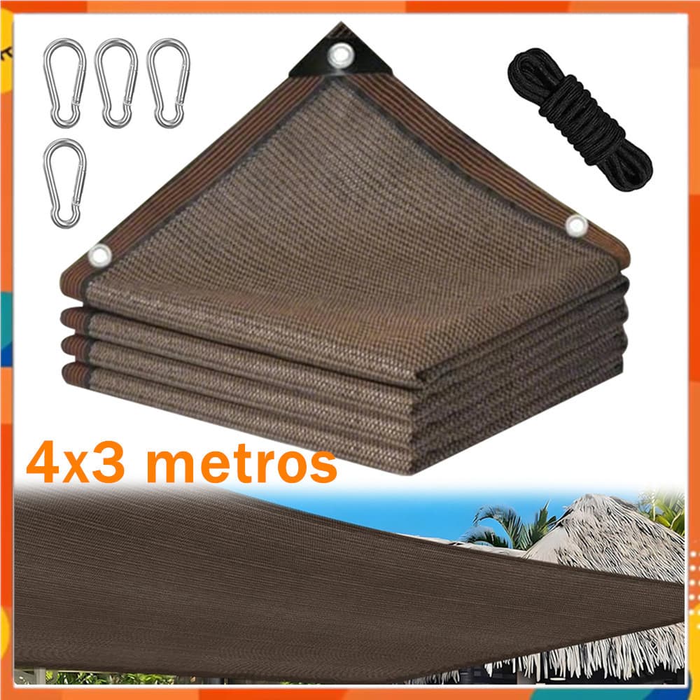 Rede de sombreamento de jardim 3x4m, malha marrom com mosquetão, corda de cinco metros, estufa, tampa de prateleira