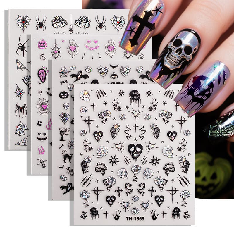 Halloween Manicure adesivos Laser escuro crânio aranha Web estilo europeu americano adesivos de unhas adequados para fes