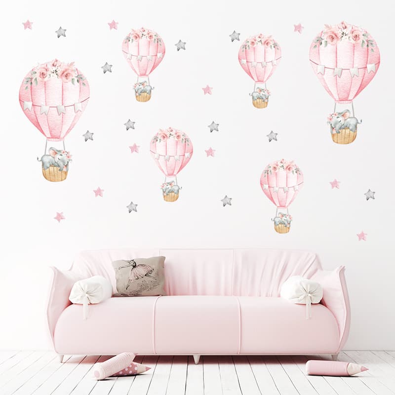 Adesivos de parede dos desenhos animados céu estrelado rosa balão de ar quente bonito bebê elefante auto-adesivo adesivo