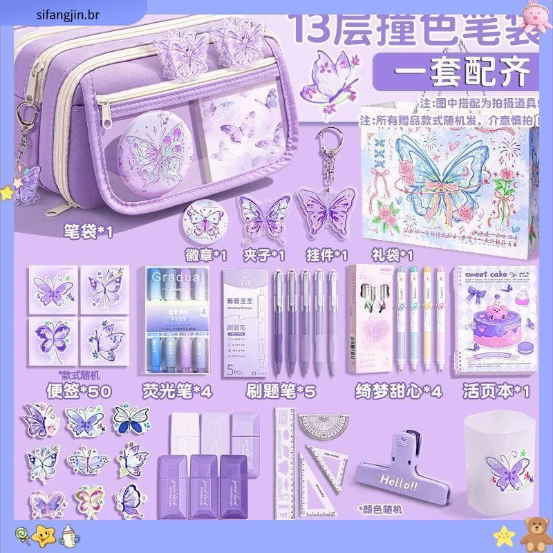 Estojo de lápis borboleta de 1 3 camadas combinando com cores 2026 Novo estilo Bolsa de papelaria de alto valor Estojo d