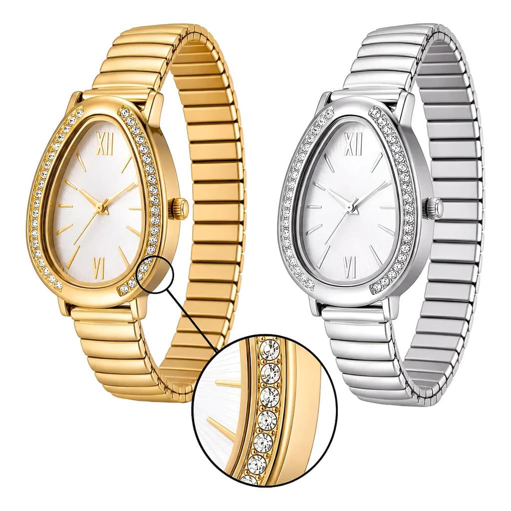 Relógio Feminino Kit 2 Luxo Strass Oval Aço Inoxidavel