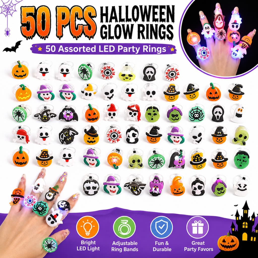 50 Peças Anéis Que Brilham No Escuro De Halloween LED Piscando Lembrancinhas De Festa Abóbora Fantasma Morcego Aranha Ca