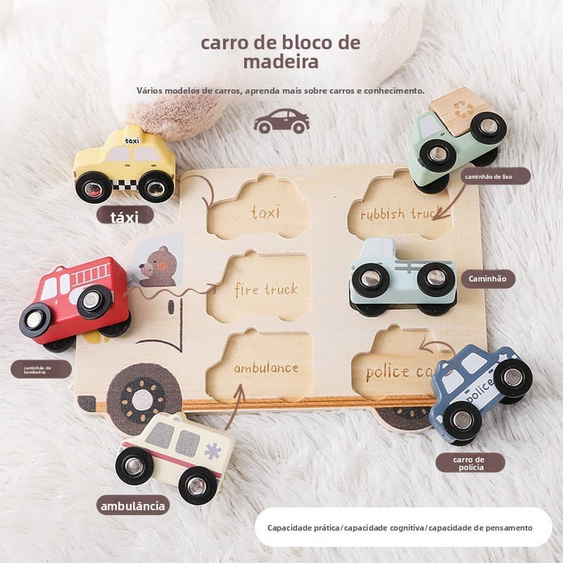 Quebra-cabeça de madeira 3D com carro rolante para combinar formas, brinquedo educativo para bebês, quebra-cabeça cognit