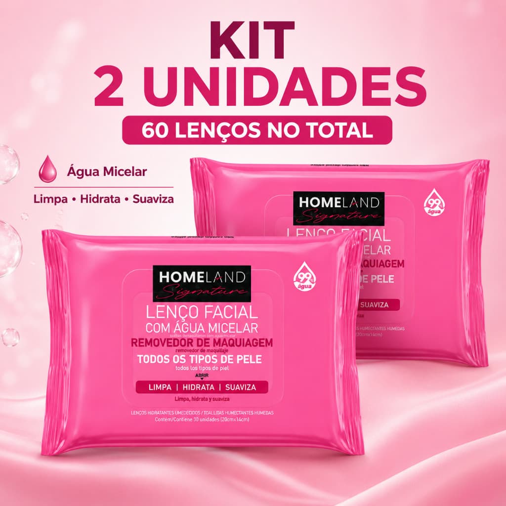 Kit 2 Lenços Umedecido Facial Água Micelar Demaquilante Removedor Maquiagem Homeland Hidrata Suaviza