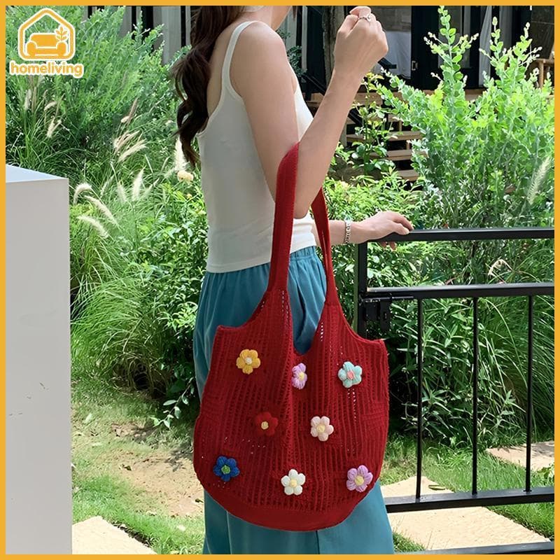 HomeLiving Novo Verão Oco Para Fora De Malha Bolsa De Ombro Único Feminino Chique Flores Grande Capacidade Commuter Saco