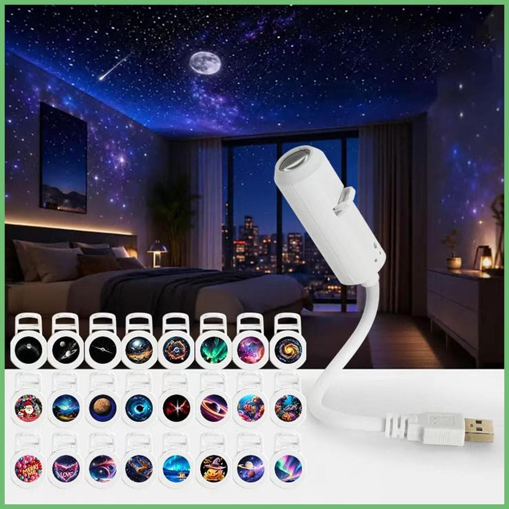 Projetor De Céu Estrelado 2 Em 1 Lâmpada De Projeção Alimentada Por USB Com 24 Discos De Filme Luz Noturna Para Crianças