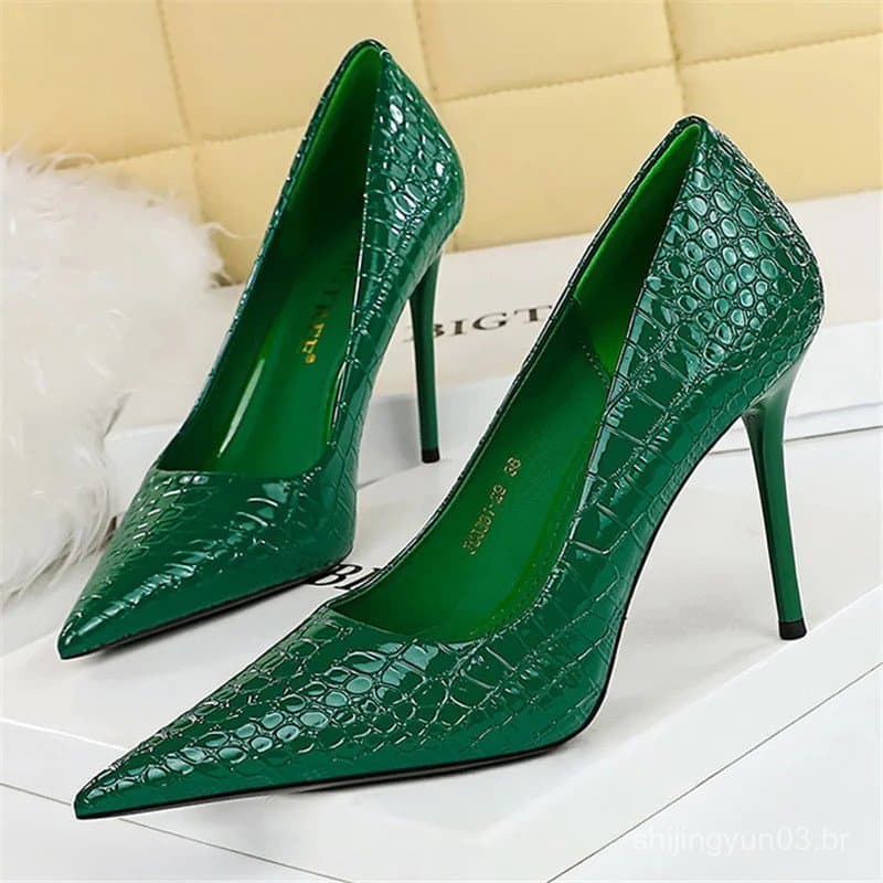 Sapatos de Salto Alto com Bico Fino Verde para Mulheres, Sapatos de Dança para Casamento, Festa e Escritório 7HY0