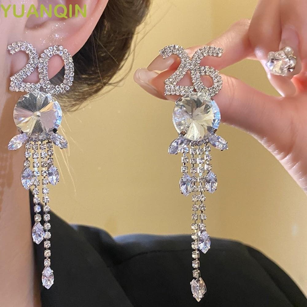 Brincos de Franjas com Strass YUANQINZT, Pingente de Cristal 2026 Pin 2026, Longos e Pendentes DZZP