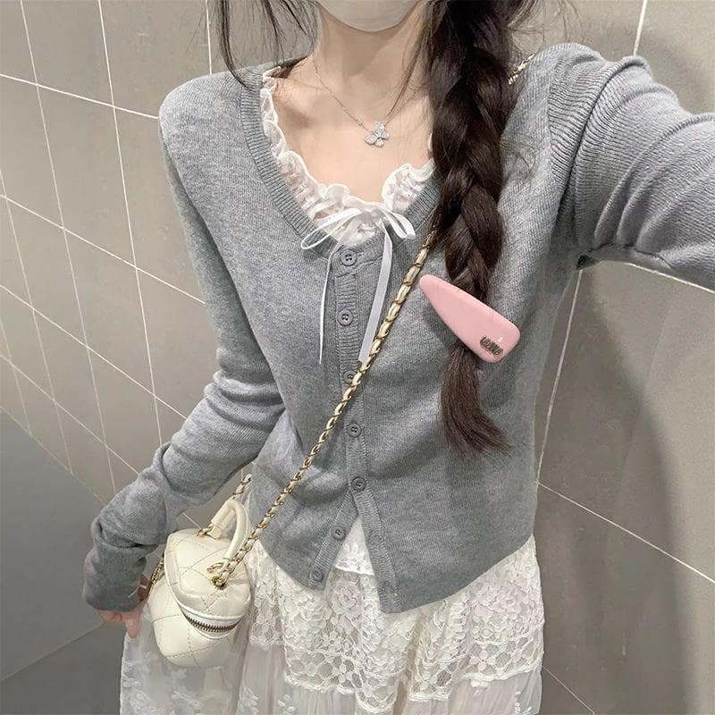 [Novidades] Cardigan de malha falso de duas peças de manga comprida renda cinza, camiseta Formal de ombro para meninas S