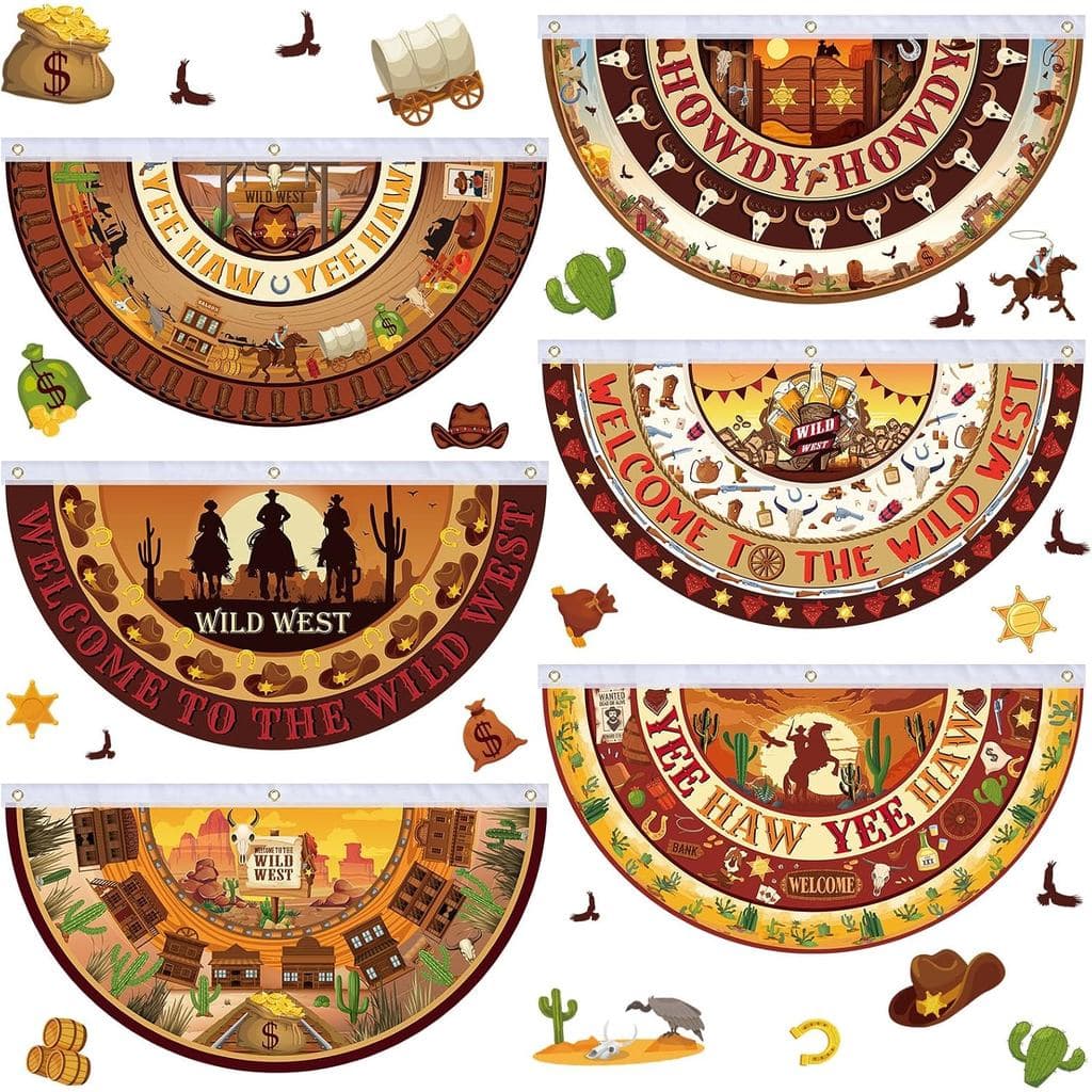 6 Peças de Decorações para Festa Western: Bandeirolas de Cowboy, Bandeiras em Forma de Leque, Banners Suspensos de Meio