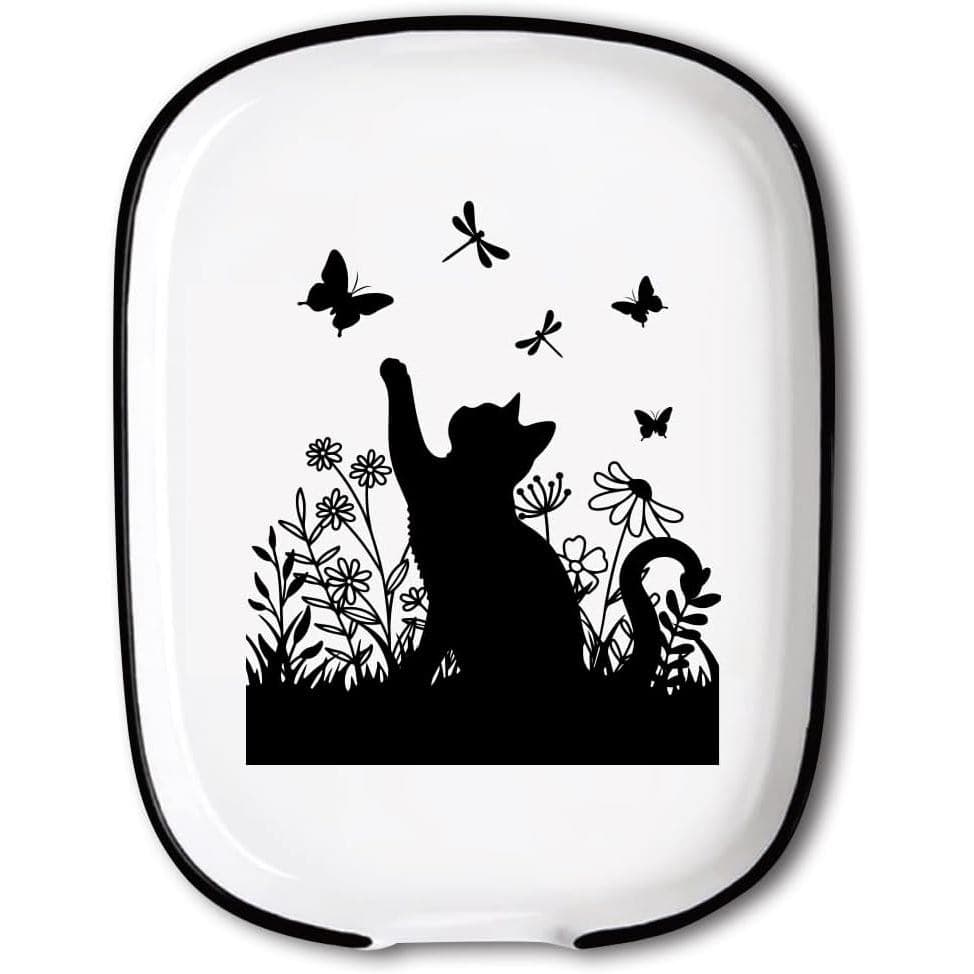 ANATTASOUL Ceramic Spoon Rest for Stove Top Cat In The Flowerbed Pattern 4.52"x5.9" Large Spoon Holder, Heat Resistant U