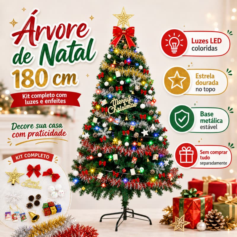 Árvore de Natal 180cm Completa Decorada com Luzes LED Pisca Pisca Kit Enfeites Estrela Laços Base de Metal