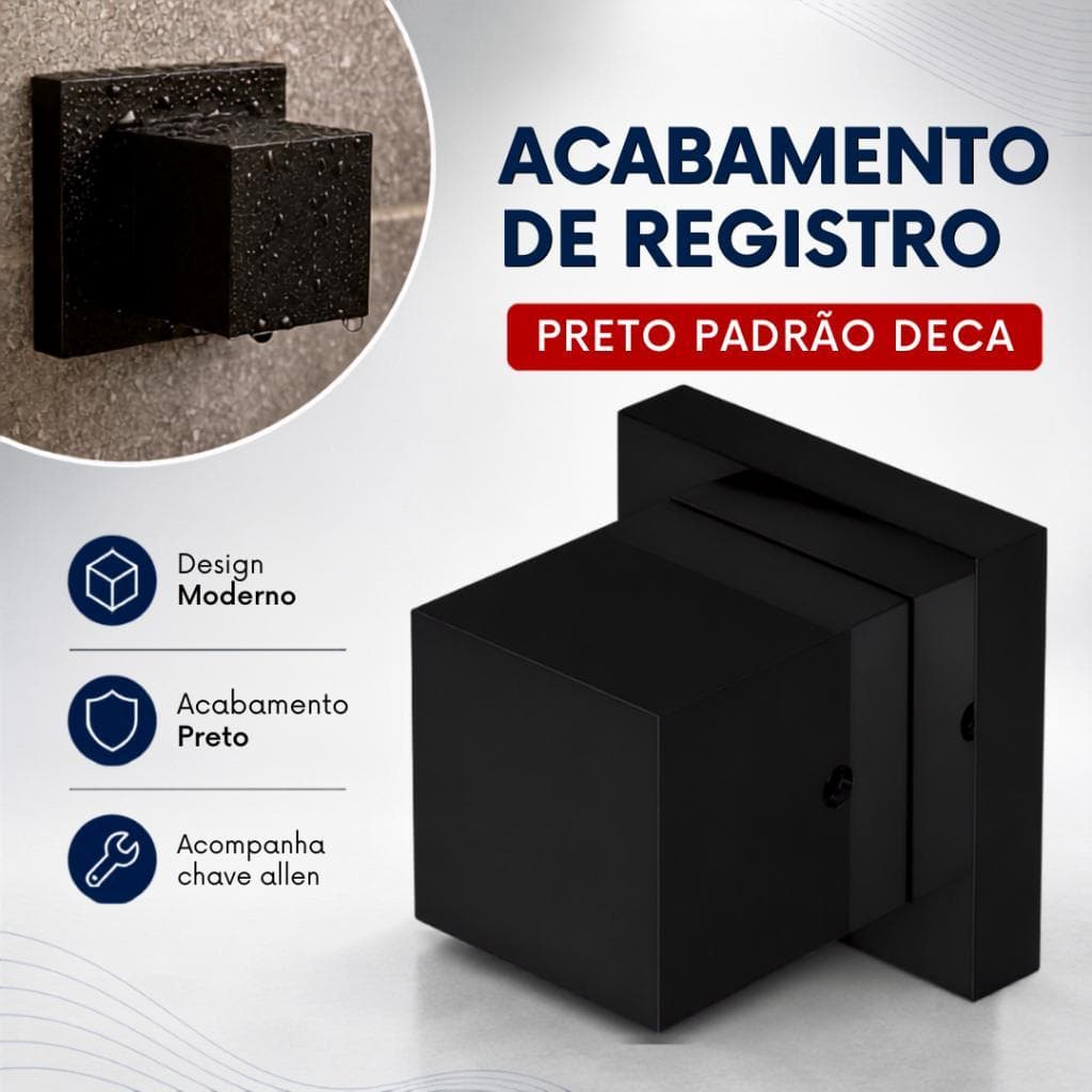 Acabamento Registro Quadrado Chuveiro Luxo Metal eABS Preto Padrão Deca 1/2 e 3/4