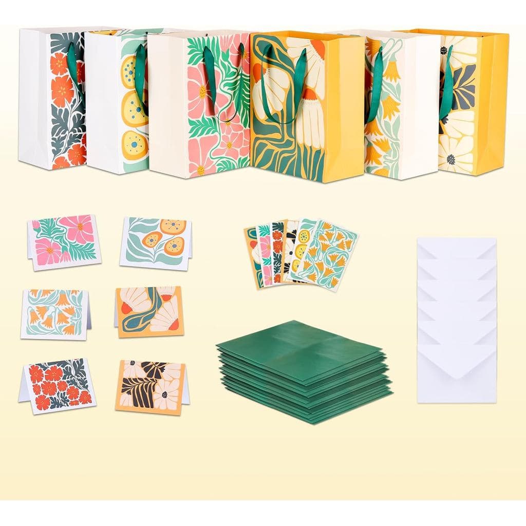 Pacote com 6 Sacolas de Presente Médias com Papel de Seda e Cartões - Sacolas de Presente Florais Tropicais Verde Sálvia