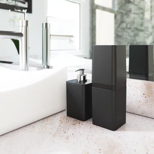 Kit Acessorios Banheiro Porta Escova Dentes Dispenser Sabonete Liquido Preto Moderno Organizado