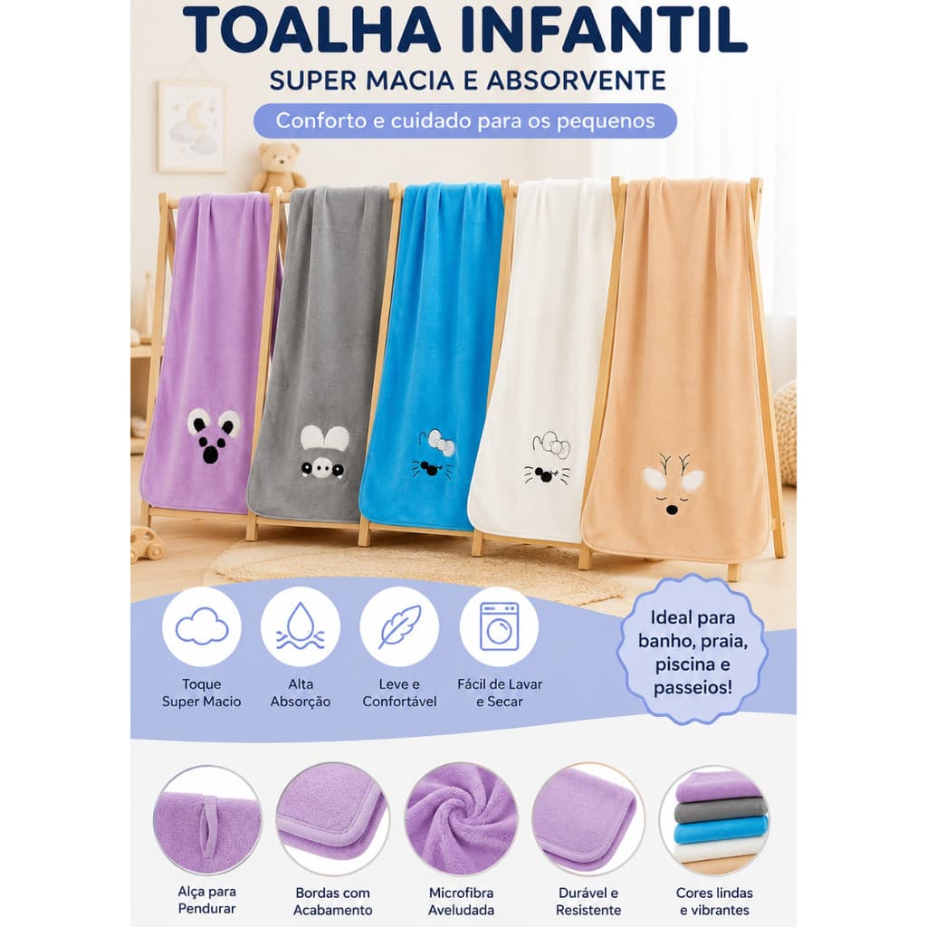 Toalha de Banho Infantil 70x140cm Alta Absorção Macio Secagem Rápida