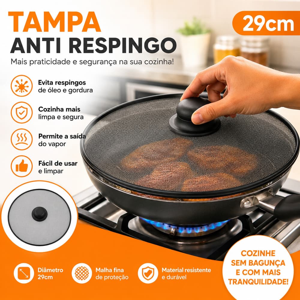 Tela Anti Respingo para Frituras 29cm Com Pegador Casa Cozinha Fogão Resistente Preto