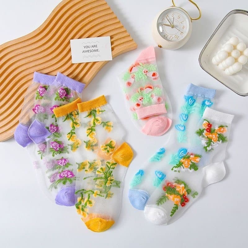 Verão meados de tubo alto cristal meias de seda feminina Floral moda doce japonês coreano não-snagging meias femininas