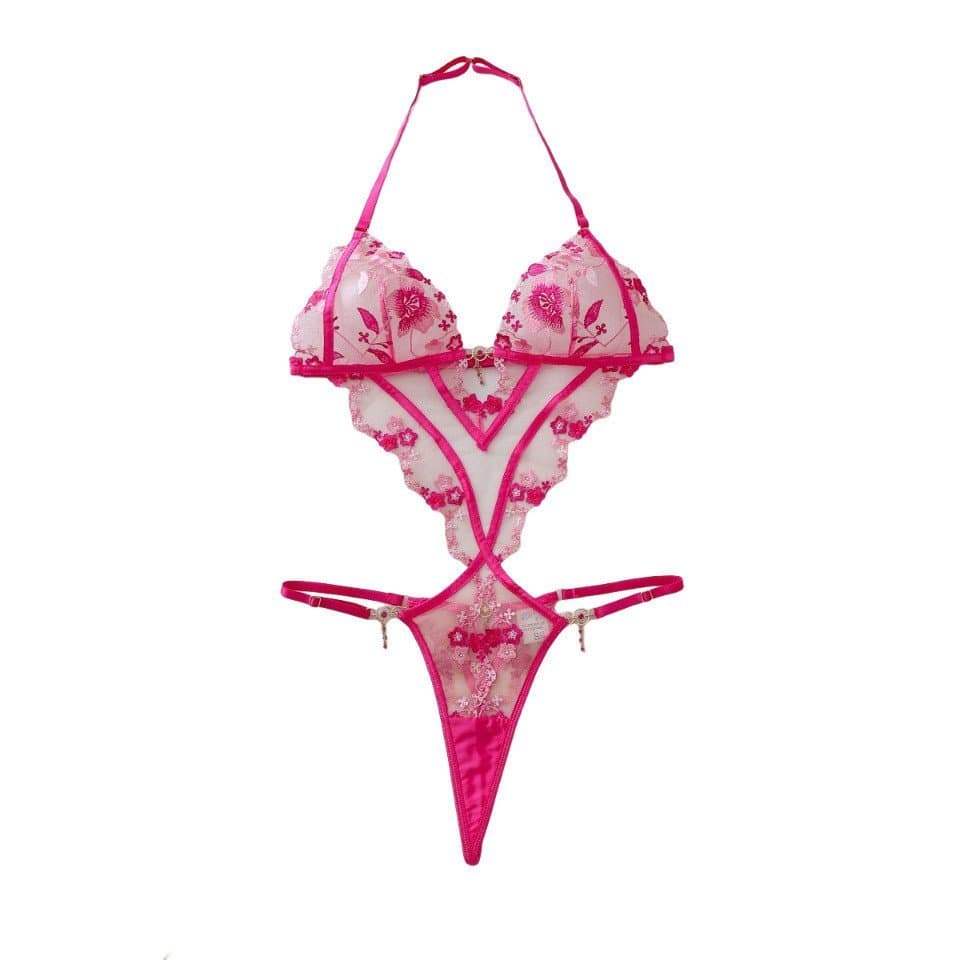 Body sensual com decote halter, bordado floral, vazado e transparente.