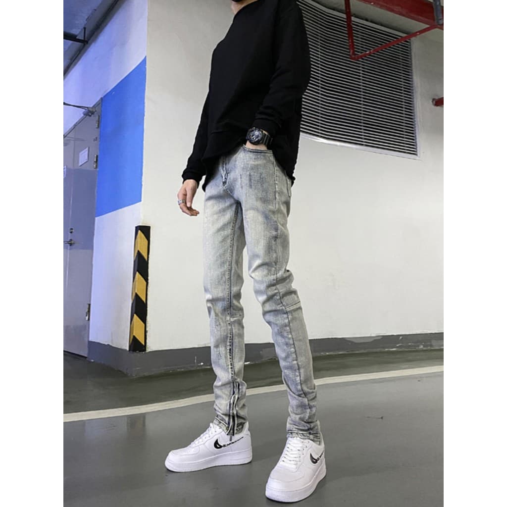 Calças de brim de rua alta masculinas magro-ajuste calças masculinas zíper lavagem pesada angustiado rua Wear calças Ret