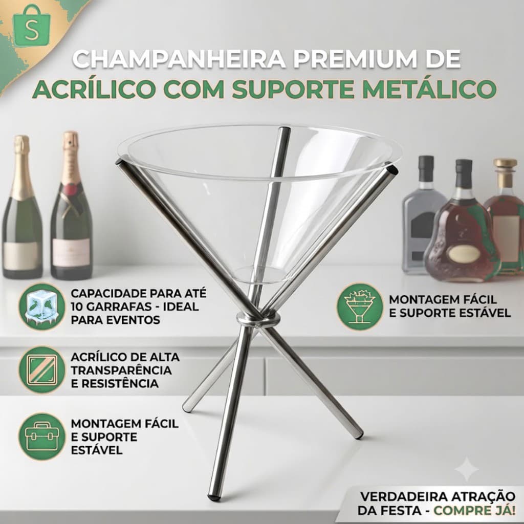 Champanheira Acrílica Tripé Metálico Balde de Gelo para Espumante Vinho e Bebidas