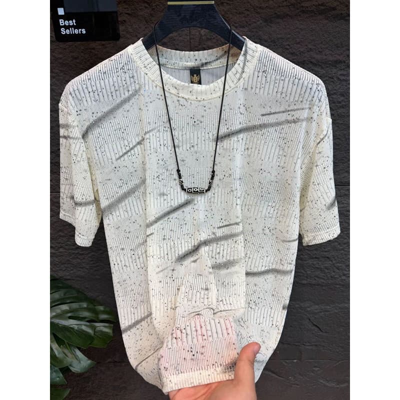 Verão Gypsophila lantejoulas manga curta camiseta masculina moda tendência luz luxo All-Match solto em torno do pescoço
