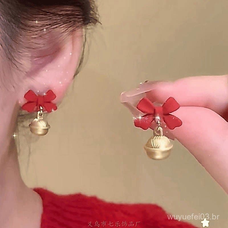 Arco vermelho menina coração nicho natal sino brincos moda natal brincos clipes de orelha brincos de ano novo