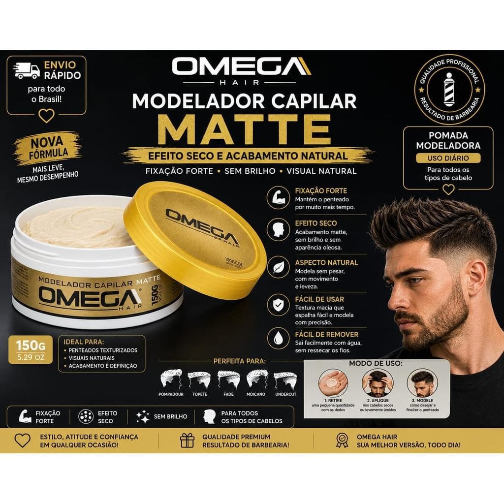 Modelador Capilar Omega Hair Matte 150g - Pomada Efeito Seco, Acabamento Natural e Fixação Equilibrada
