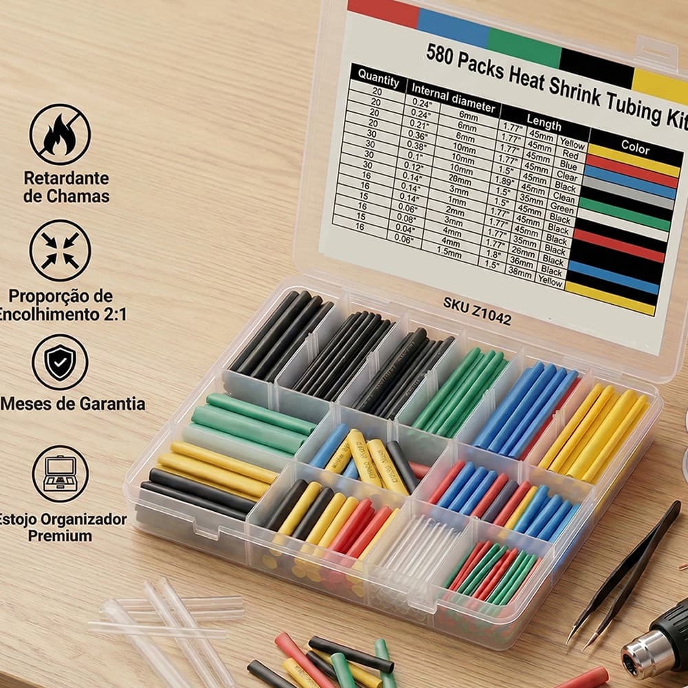 Kit de Tubos Termorretráteis 580 Peças com Estojo Organizador