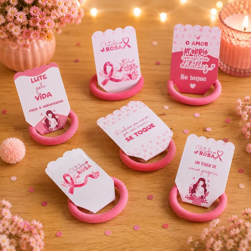 20/30/50 Card com Xuxinha/Elástico Outubro Rosa Prevenção Lembrancinha, Mimos