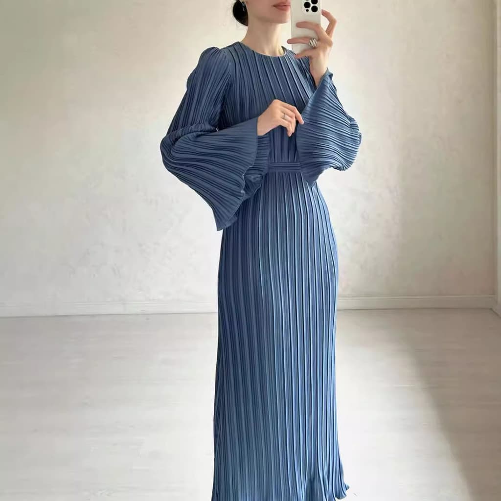 2025 Amazon europeu americano feminino primavera outono novo estilo saia longa elegante plissado manga larga vestido de