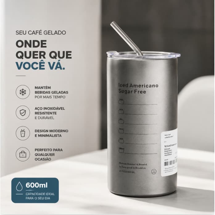 Copo Térmico Preto 600ml de Aço Inox com Tampa e Canudo, Design Reto, Reutilizável para Café, Bebidas Frias e Uso Diário
