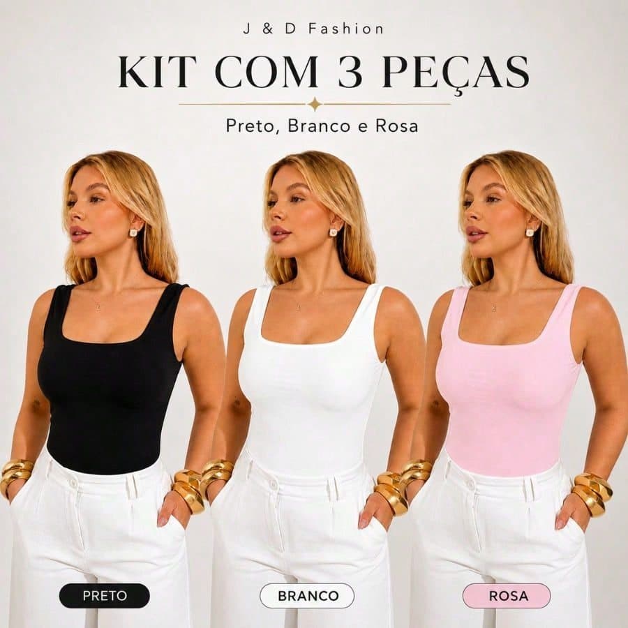 Kit 3 Regatas Femininas Decote Quadrado Alça Larga Lisa Básica com Elasticidade Casual Verão Nenhum  Malhado