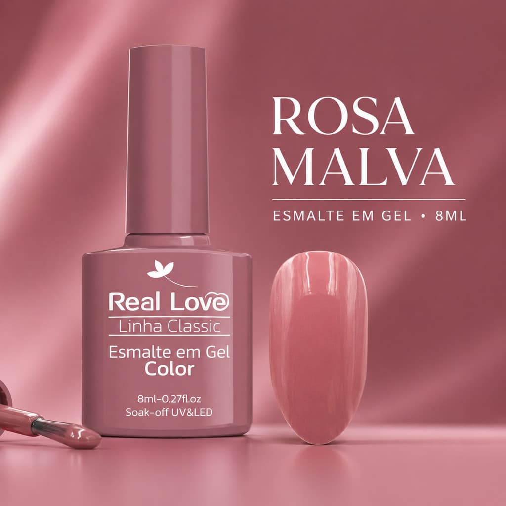 Esmalte em Gel Real Love Rosa Malva 8ml Linha Classic Pincel Língua de Gato