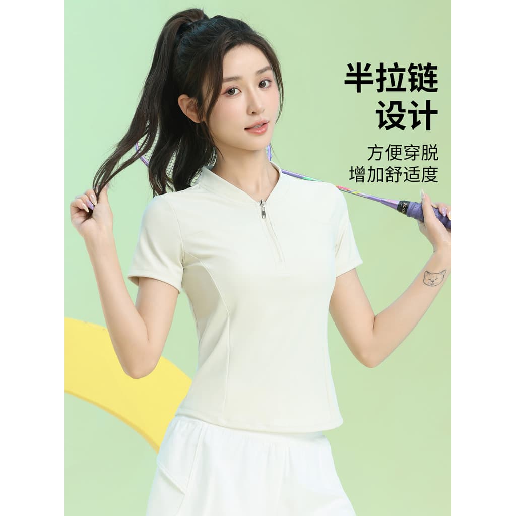 Lulu mesmo estilo meio zíper Yoga Wear camiseta feminina de manga curta de secagem rápida legal ajuste fino